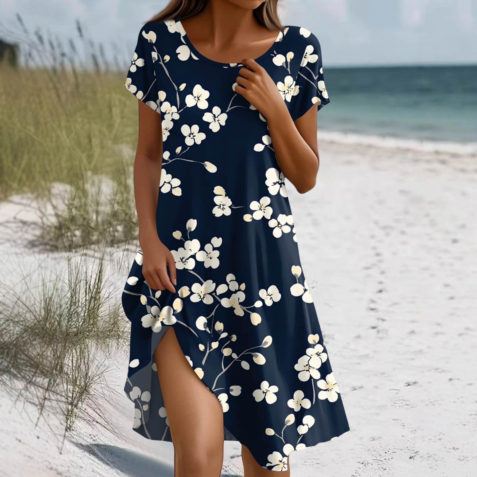 

Платье в стиле бохо с коротким рукавом для женщин, повседневное, свободного кроя, летнее, сарафан с цветочным принтом и карманами L тёмно-синий