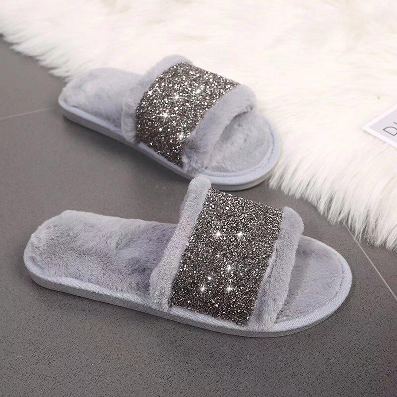 Fashion Fashion Bling Cotton Slippers for Women Open Toe Slip On Fur Slippers Woman Autumn Winter Faux Fur Indoor Flats Fur Slides Mujer