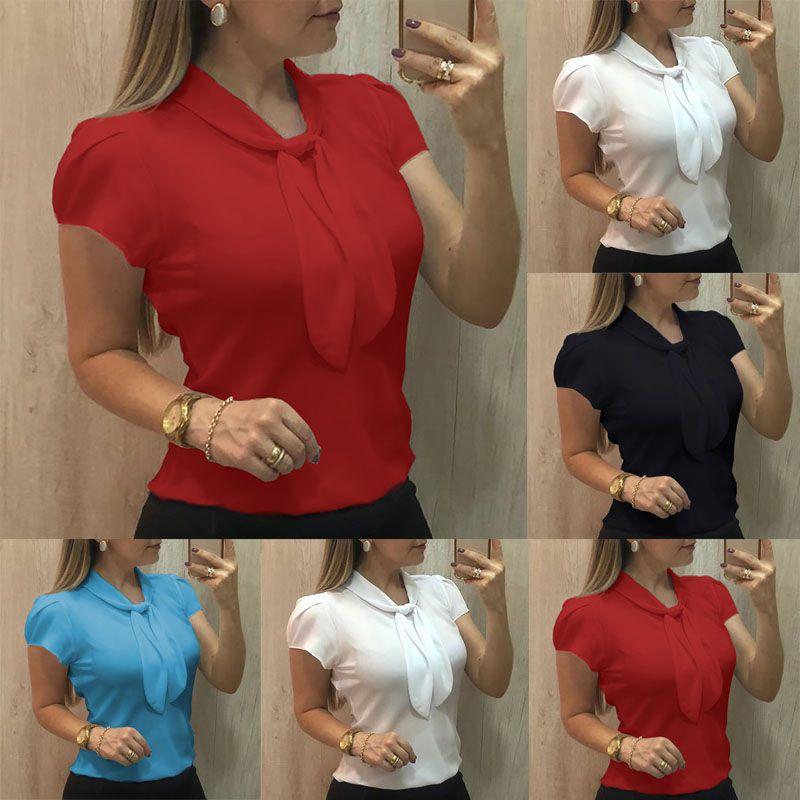 Elegant Women Short Sleeve Bow Chiffon T Shirt Blouse With Breathable Comfort For Ladies