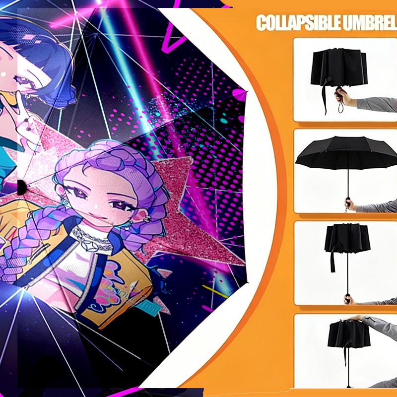 Ombrello KPop Demon Hunters con Stampa Apertura/Chiusura Automatica - Design Pieghevole Portatile - Uso Quotidiano per Viaggi/Outdoor - Regalo per Compleanno