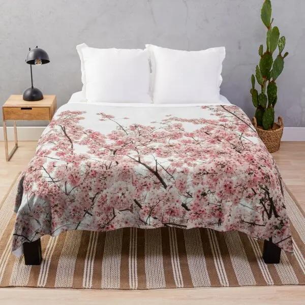 White Pink Cherry Blossom Flannel Throw Blanket Romantic Flowers King Queen Full Size For Living Room Sofa Couch Lightweight