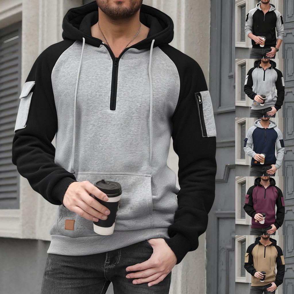 Mens  Pullover Long Sleeve Hoodies Color Block Sweatshirt Fashion Hoodies With Pockets
