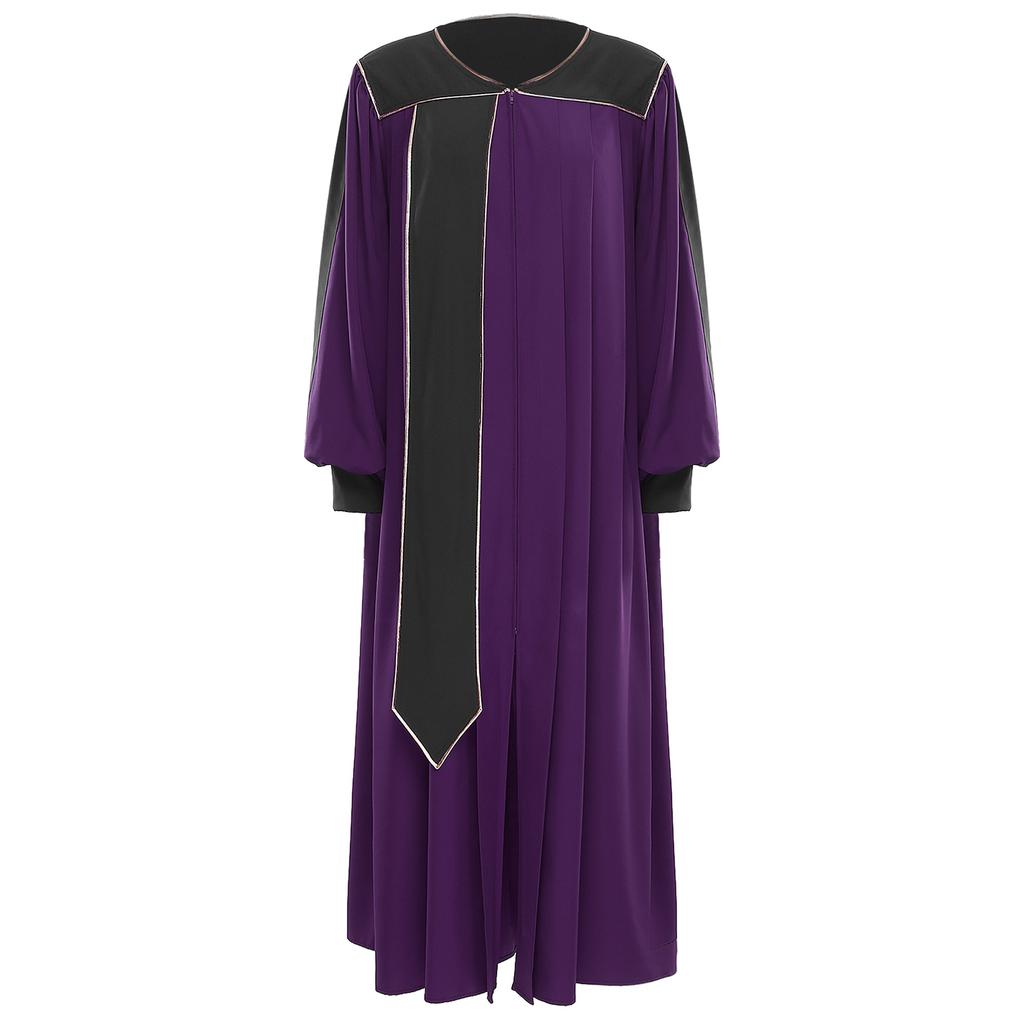 Womens Choir Performance Gown Color Block V Neck Puff Sleeves Split Front Zipper Design Flowy Stage Costume for Worship Events