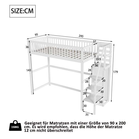 Litera con Escalera de Seguridad Armario Diseño de Barandilla Alta Estante de Almacenamiento Superficie Lisa Dormir 90 X 200cm Cama para Habitación Infantil con Barra para Ropa Habitación
