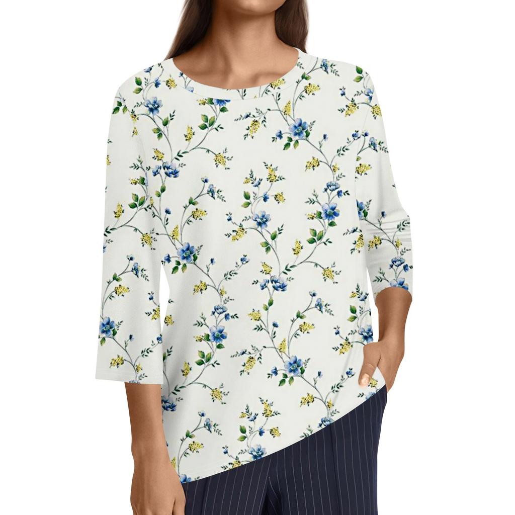 Damenmode, lässig, Rundhalsausschnitt, 3/4-Ärmel, lockeres bedrucktes T-Shirt, Damen-Top