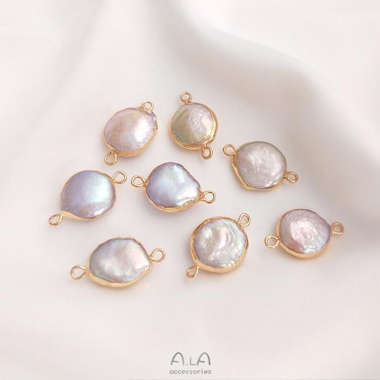 Natural Baroque Irregular Pearl Double Hole Rice Bead Flat Round Pendant for Handmade DIY Bezel Setting