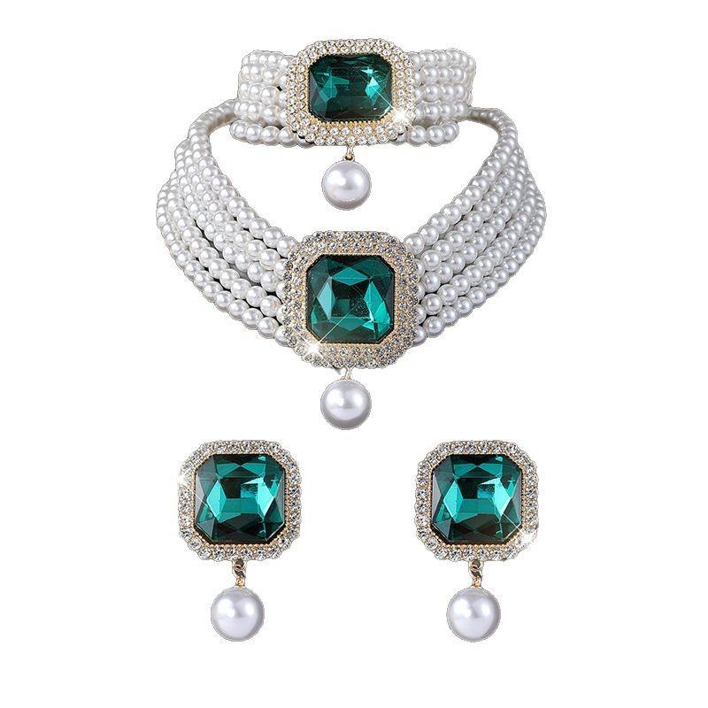 Multi-layer Imitation Pearl Crystal Earrings Bracelet Necklace Three-piece Set Bridal Luxury Full of Diamond Jewelry Women