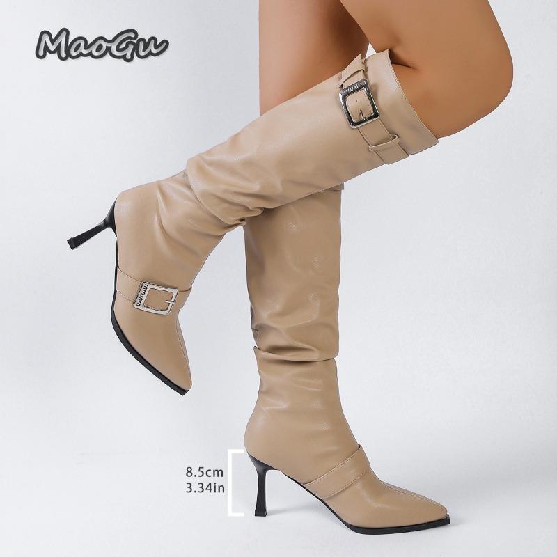 Fashion Fashion Metal Buckle Decor Long Boots for Women Solid Color Pointed Toe Autumn Knee High Boots Sexy Thin High Heel Party Shoes