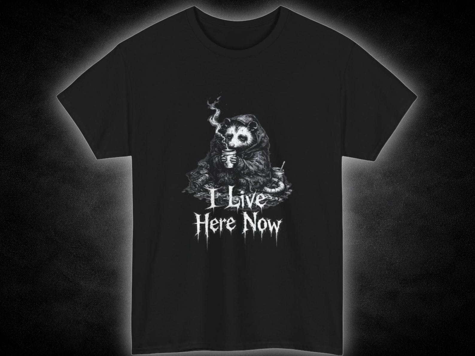 Possum In The Trash I Live Here Now T-Shirt | Goth Halloween Tee S