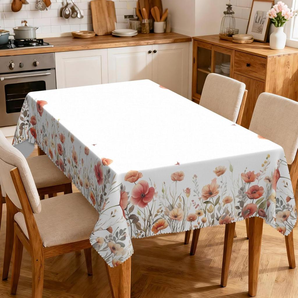 Red Poppy Flowers Rectangle Tablecloth for Table Decor Spring Watercolor Floral Leaves Kitchen Dining Table Cloth Party Decor
