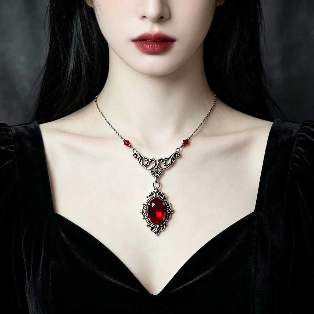 Collana Vittoriana Gotica con Pietra di Vetro Rosso Intenso e Catena a Croce per Donna