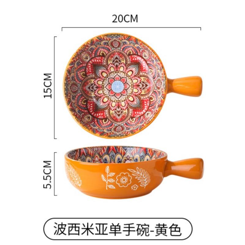 Hand-painted Relief Pattern Salad Bowl with Handle, Pasta Bowl, Kitchen Baking Utensils, Suitable for Use In Ovens and Microwave