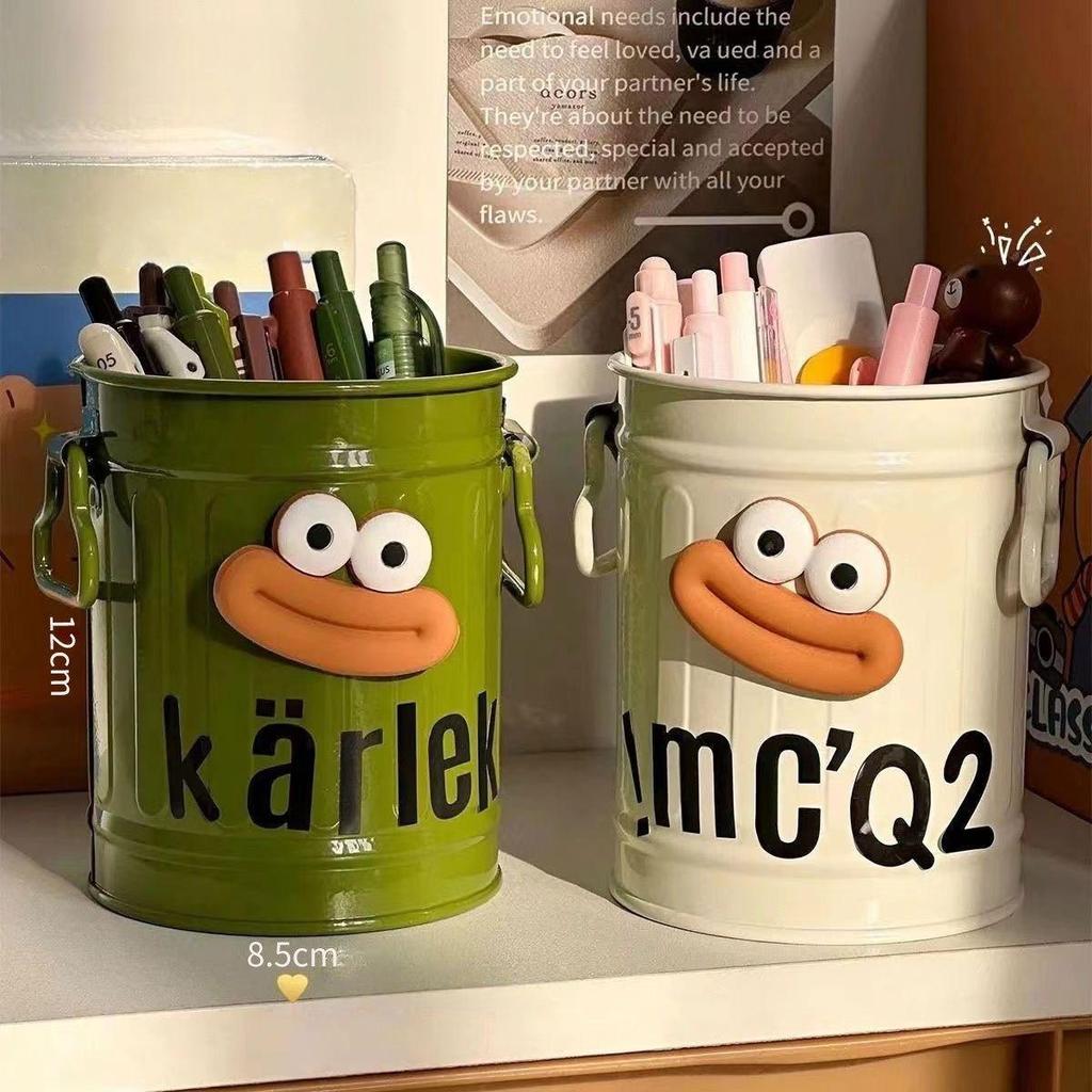 Plastic Pen Holder for Students Desktop Office Large Capacity Cute Cartoon Simple Retro Storage Organizer Bucket