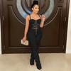 X5215 Women's Solid Color Sexy Camisole Bustier Zipper Vest and Long Pants Two-Piece Set