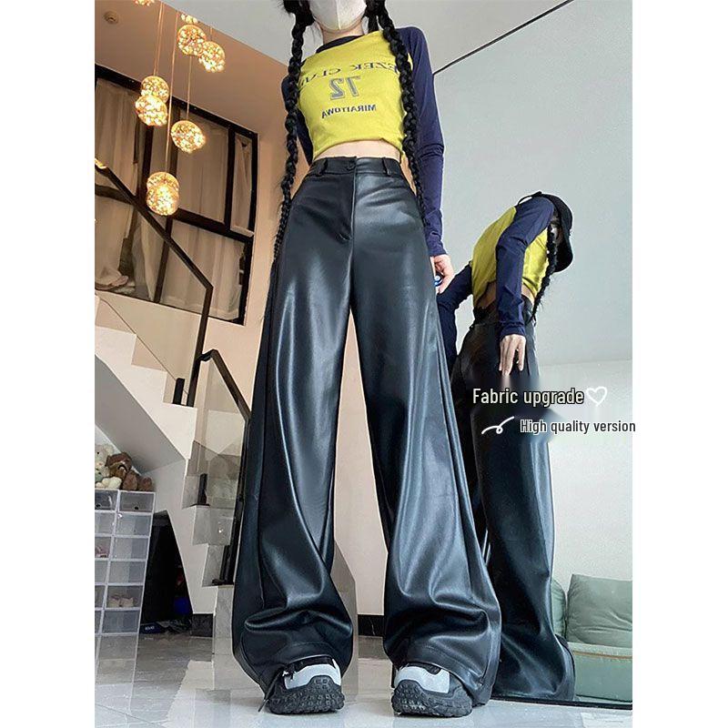 American Retro Plus Size High Waist PU Leather Wide-Leg Pants for Women - Slimming Casual Spring/Autumn Floor-Length Style