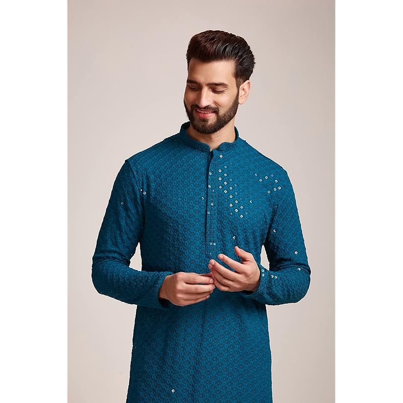 Manyavar Blue Viscose Full Sleeve Kurta Set | Traditional Kurta Set For Men (L) L синий