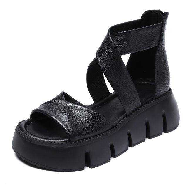 Thick Soled Sandals Women 'S Summer New Vintage Leather Muffin Shoes Back Zipper Fish Mouth Roman Shoes