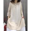 Women Summer Spring Round Neck Half Sleeve Cotton Linen Blend Embroidered Retro Casual Tunic Top