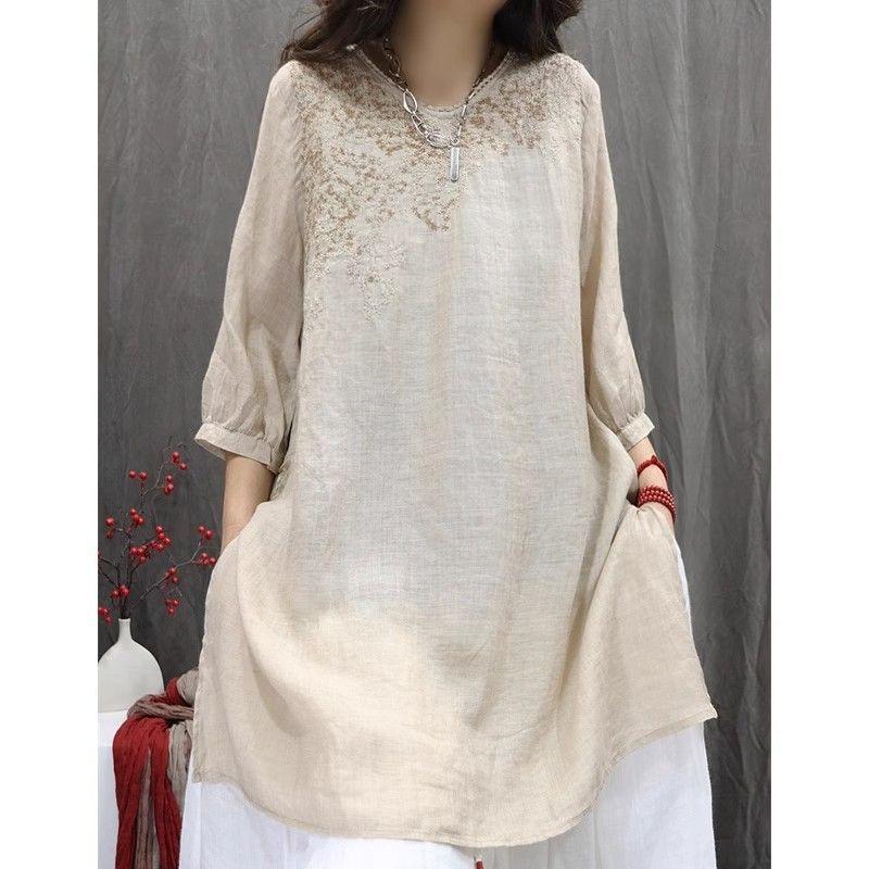 Women Summer Spring Round Neck Half Sleeve Cotton Linen Blend Embroidered Retro Casual Tunic Top