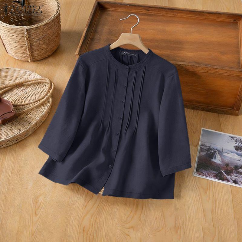 ZANZEA Women Casual Round Neck 3/4 Sleeve Loose Blouse