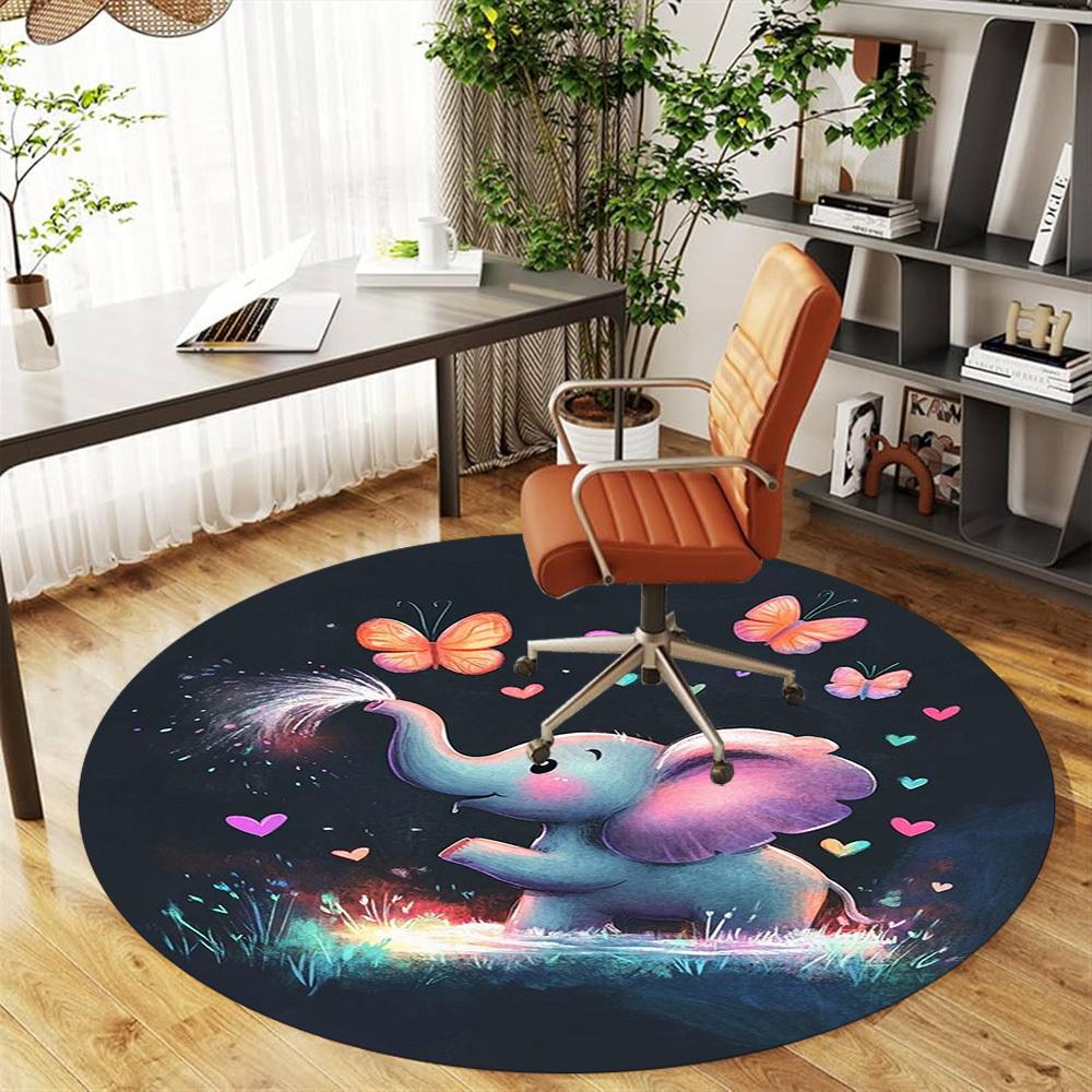 1PC Elephant Butterflies Hearts Round Chair Mat Area Rug - Non-Slip, Floor Mat for Office, Bedroom, Home Decor Christmas Gift C0528082
