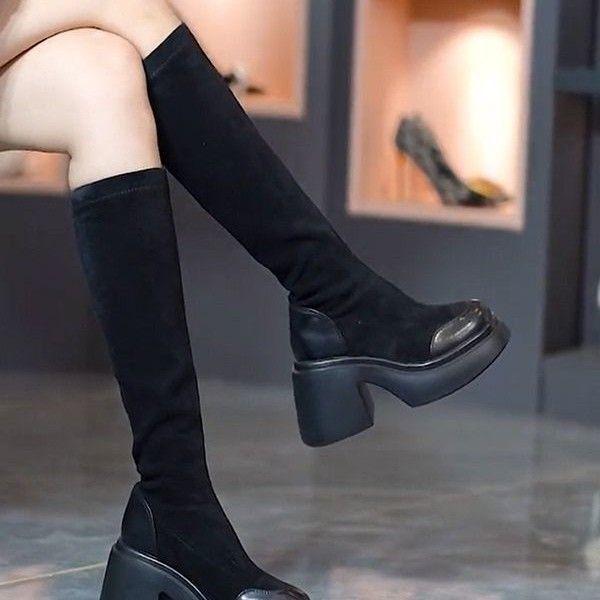 Thick-soled thick-heeled boots women's elastic thin boots 2025 autumn and winter new fashion round head thin high-heeled but knee boots