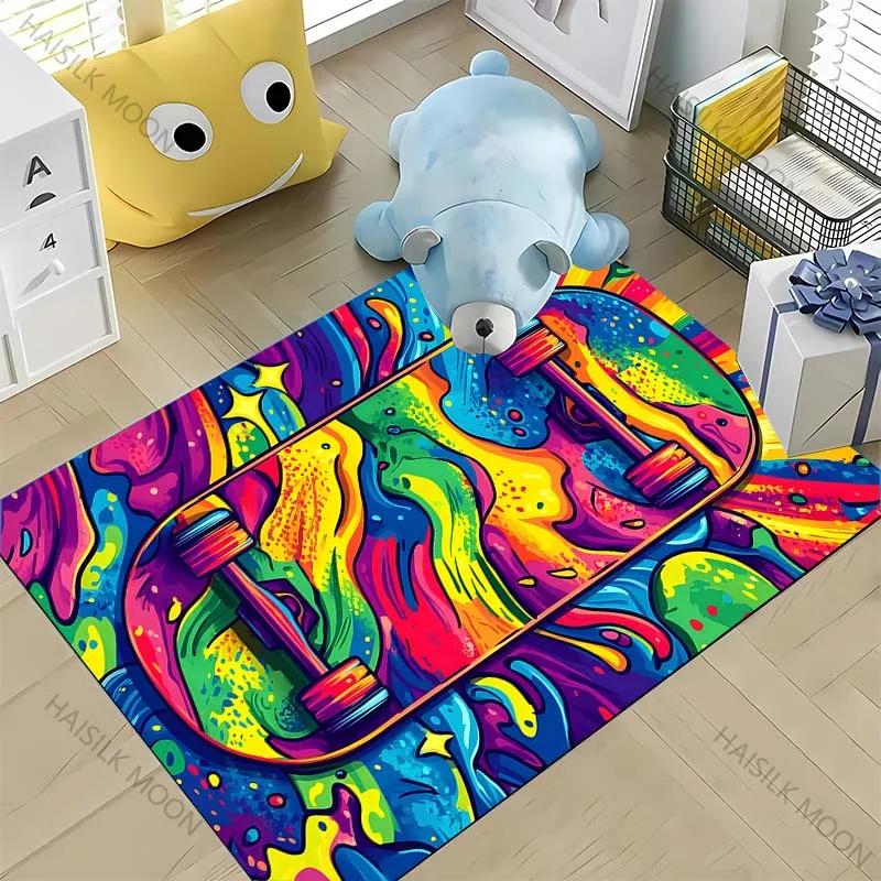 1 Stück Junge Mode Skateboard Print Bereichsteppich, Teppich für Zuhause Wohnzimmer Kinderzimmer Sofa Dekor, Kinder Spiel Rutschfeste Bodenmatte