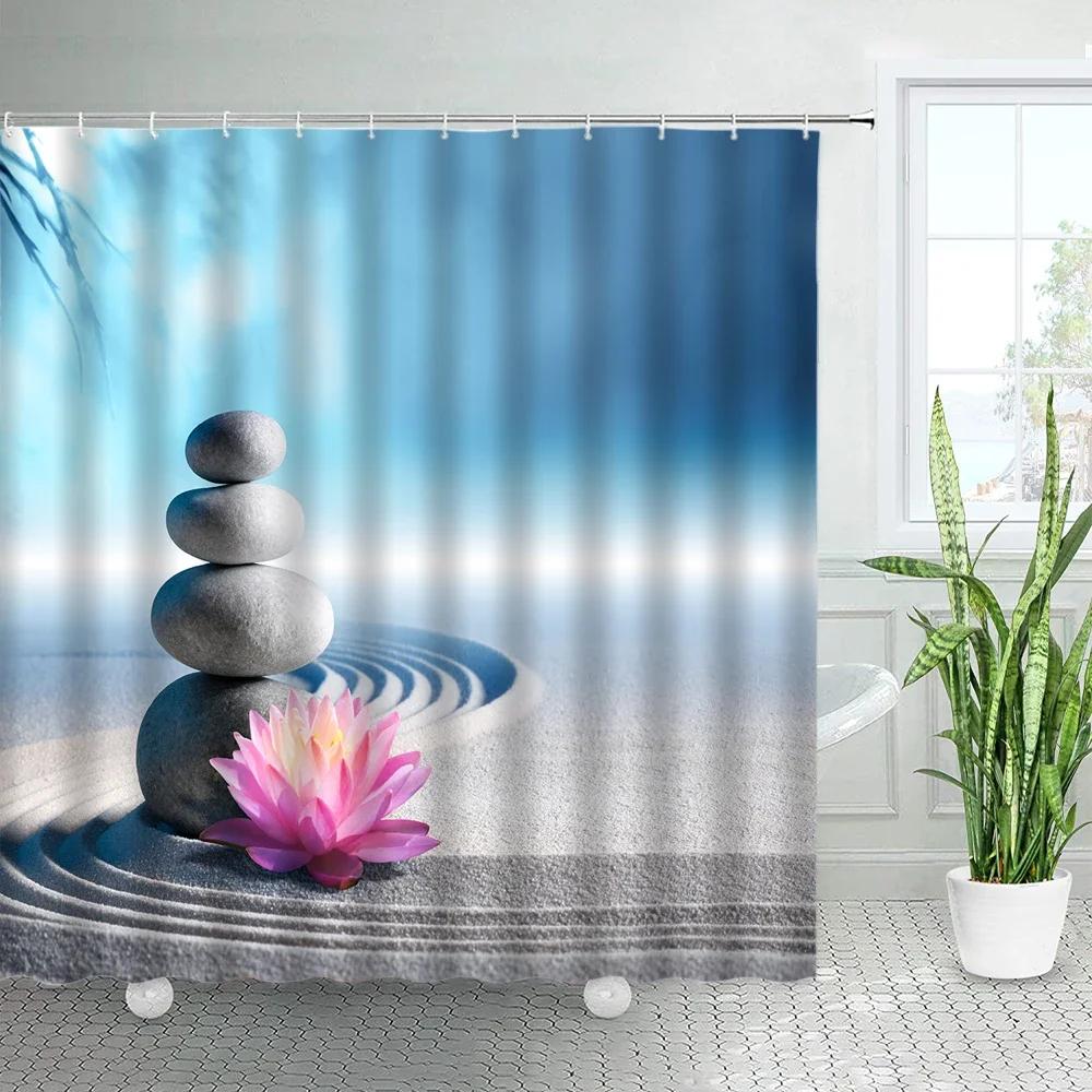 3D Black Stone Green Bamboo Zen Shower Curtain Set Purple Orchid Buddha Natural Landscape Bathroom Decor Polyester Bath Curtains