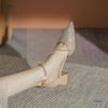 Coarse heel high heels women's new spring and autumn versatile pointed one-word buckle with rhinestones with skirt medium heel single shoes