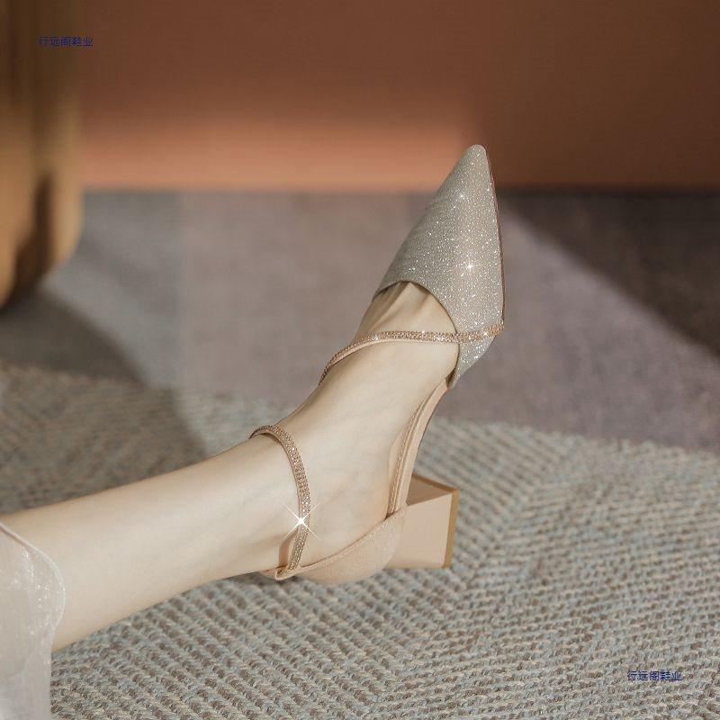 Coarse heel high heels women's new spring and autumn versatile pointed one-word buckle with rhinestones with skirt medium heel single shoes