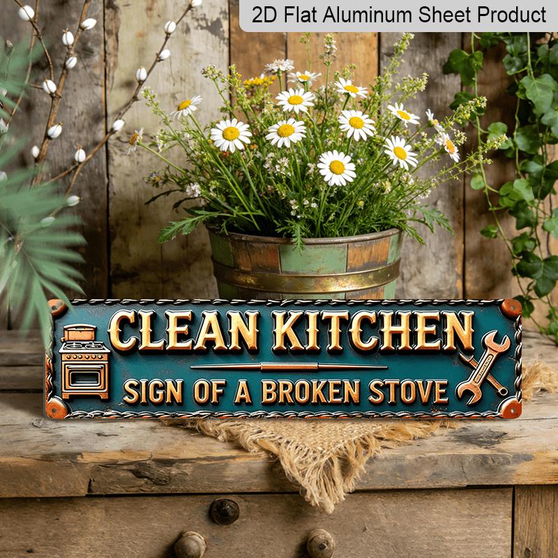2D Flat, 1pc Funny Vintage Stove-Themed "Clean Kitchen Sign of a Broken Stove" Metal Plaque - 15.7×3.94inch Retro Teal & Golden Outdoor/ Aluminum