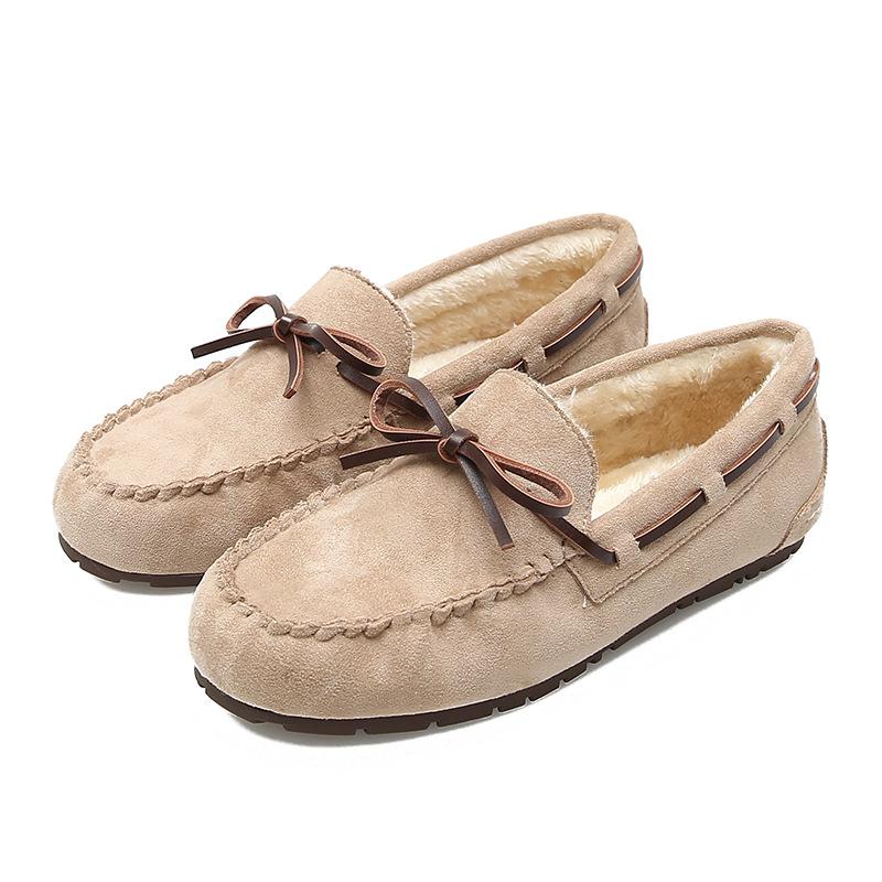 

Fashion Comfort Warm Fluffy Flats Women Fashion Round Toe Bow Pleated Design Loafers High Quality Faux Suede Large Size Zapatos De Mujer 43