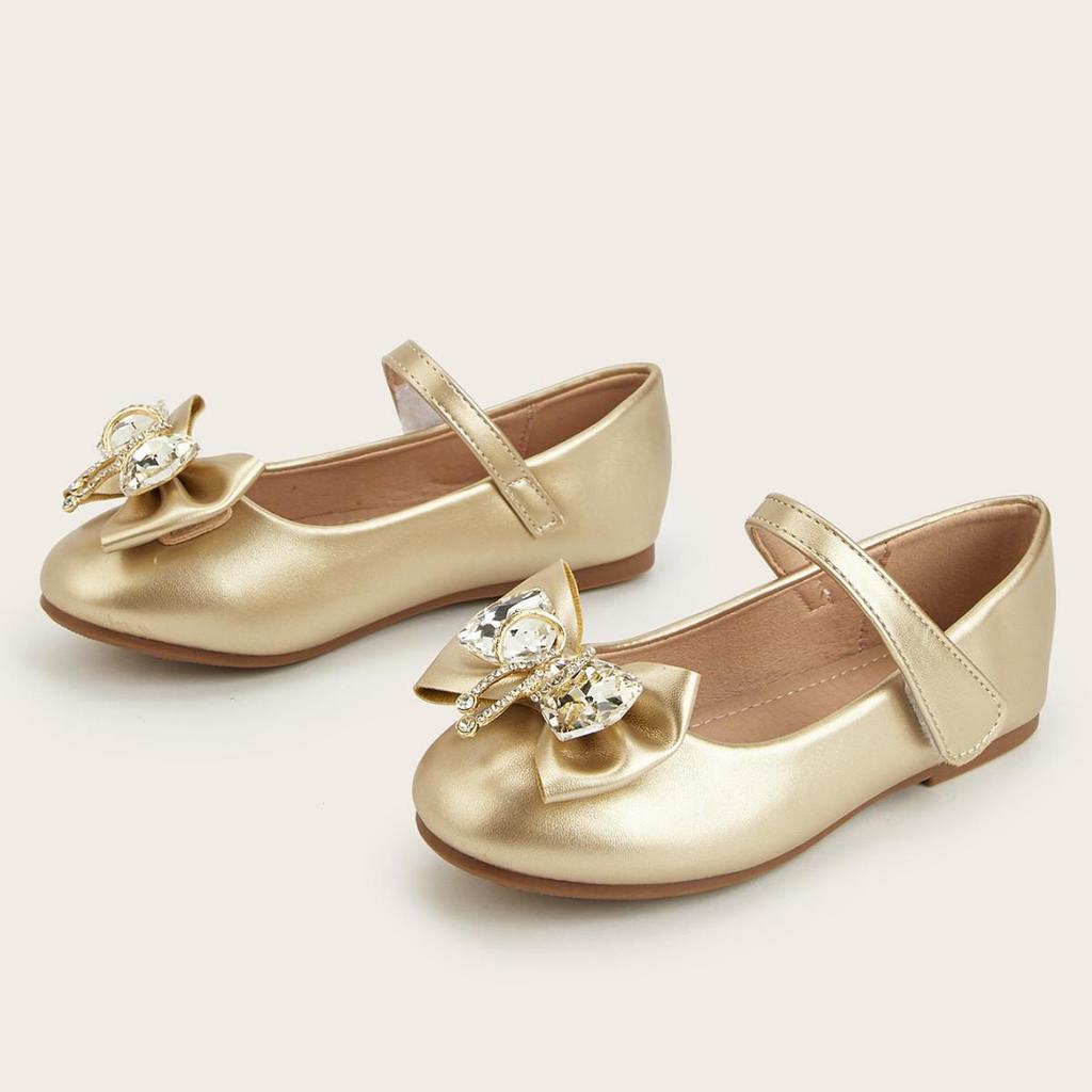 Lente 2026 Prinsessenschoenen voor Meisjes - Ronde Neus met Kristallen Gesp en Strikdetail in Leer.