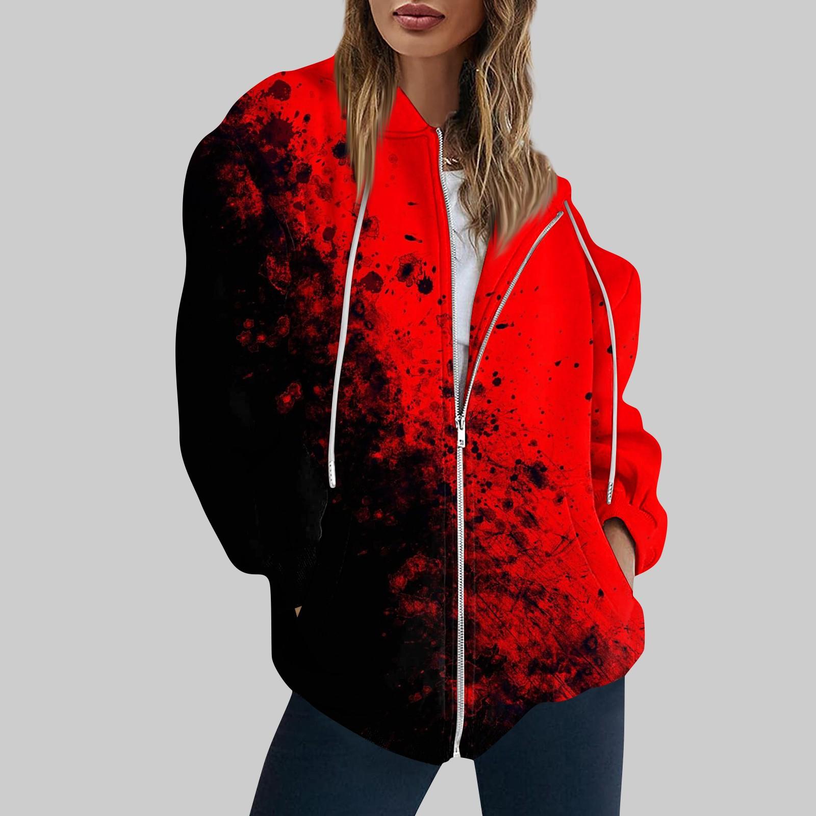 

Женская модная повседневная толстовка с принтом и длинным рукавом с карманом, кардиган, куртка, пальто с капюшоном на молнии M красный