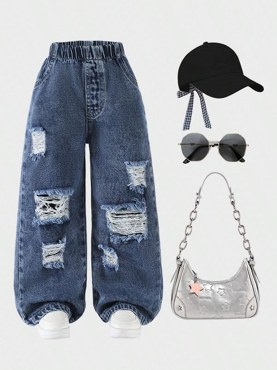 

Girls Straight-Leg Jeans — Trendy Street Style, Outdoor & Daily Casual, Versatile, Distressed Blue Snowflake Denim Trousers (Single Item) 4Y темно-синий