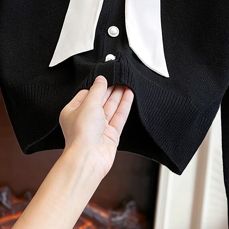 Women's V-Neck Bow Tie Color-block Knit Top