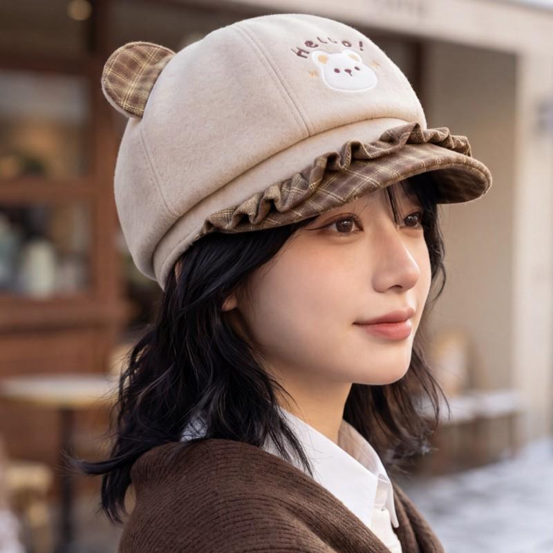 Korean Style Cat Ear Beret Hat Women With Embroidered Letters Wool Blend Octagonal Cap Adjustable Foldable Beanie