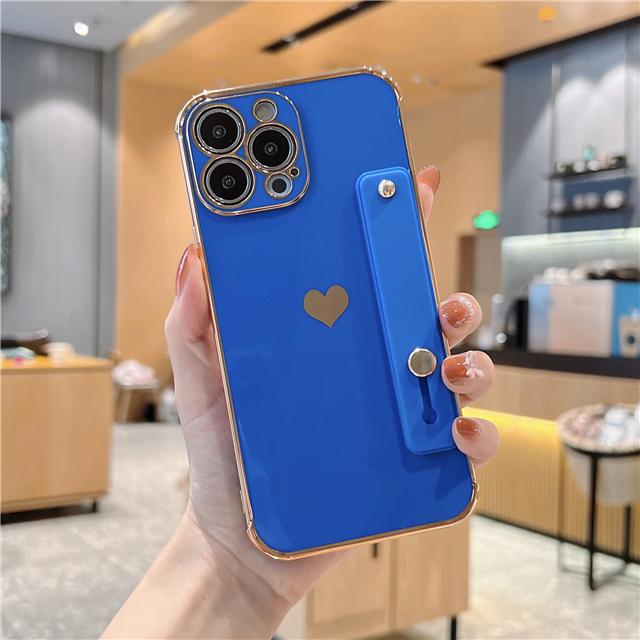 Korean Cute Electroplate Love Heart Wrist Strap Case For iPhone 14 13 Mini 12 11 Pro Max X XS XR 7 8 Plus Shokcproof Stand Cover
