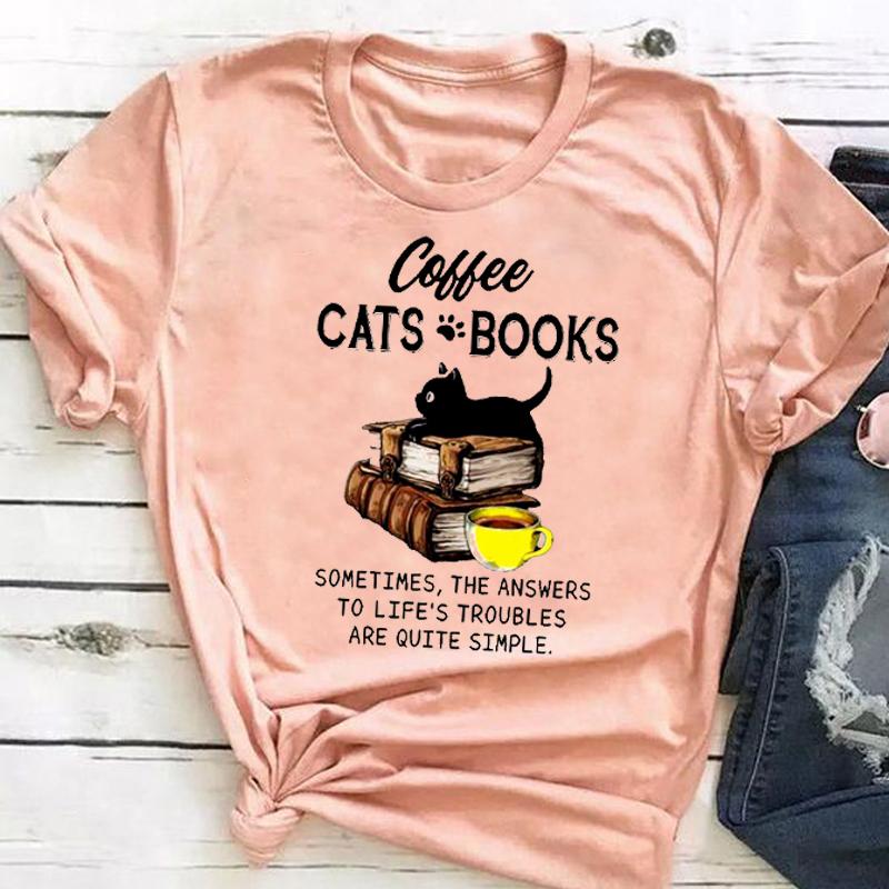 (Asian Size) Graphic Tee Women's Cat Books Love Sweet Trend Fashion Casual Print Short Sleeve Summer Top Ladies Female T Clothing T-shirt