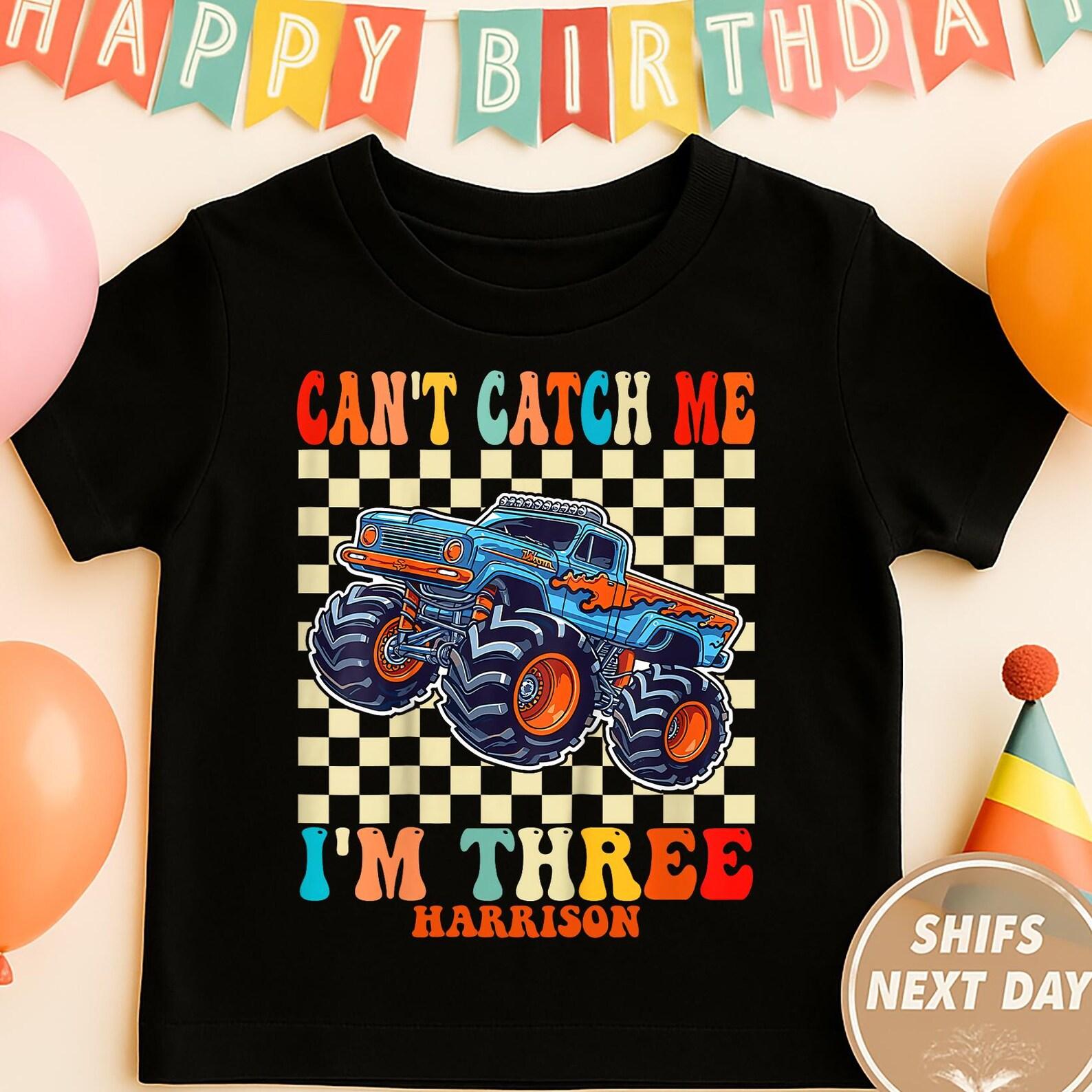 Personalized Retro 3rd Birthday Monster Truck Shirts, Custom Name Cant Catch Me Im Three Shirt, Pit Crew Shirt, Matching Family Birthday 120