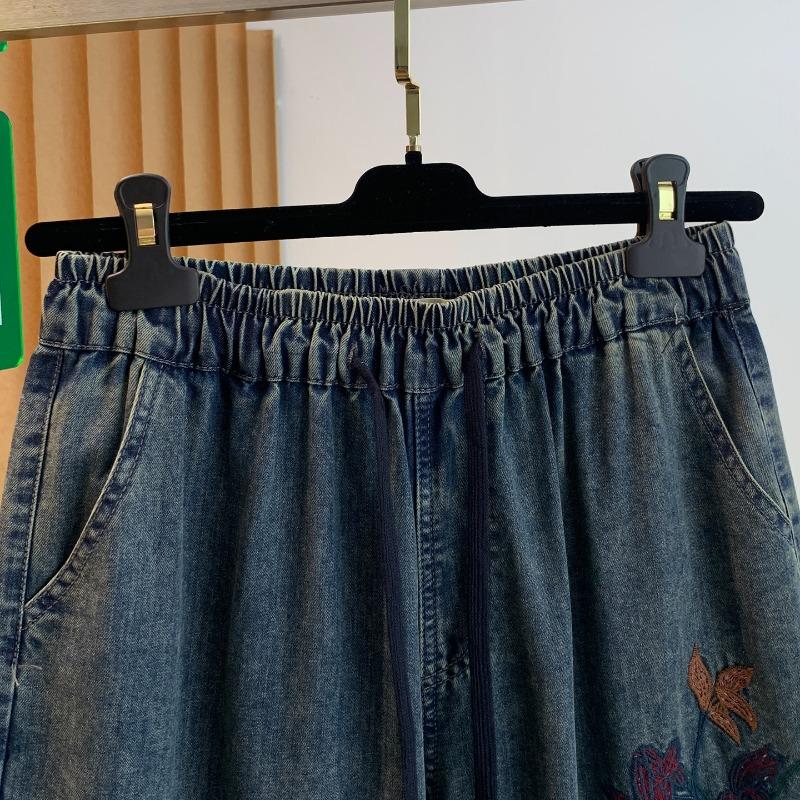 DIMANAF 2026 Autumn Winter New Plus Size Women Jeans Elastic Waist Embroidery Floral Long Pants Loose Casual Denim Cotton Trousers Vintage