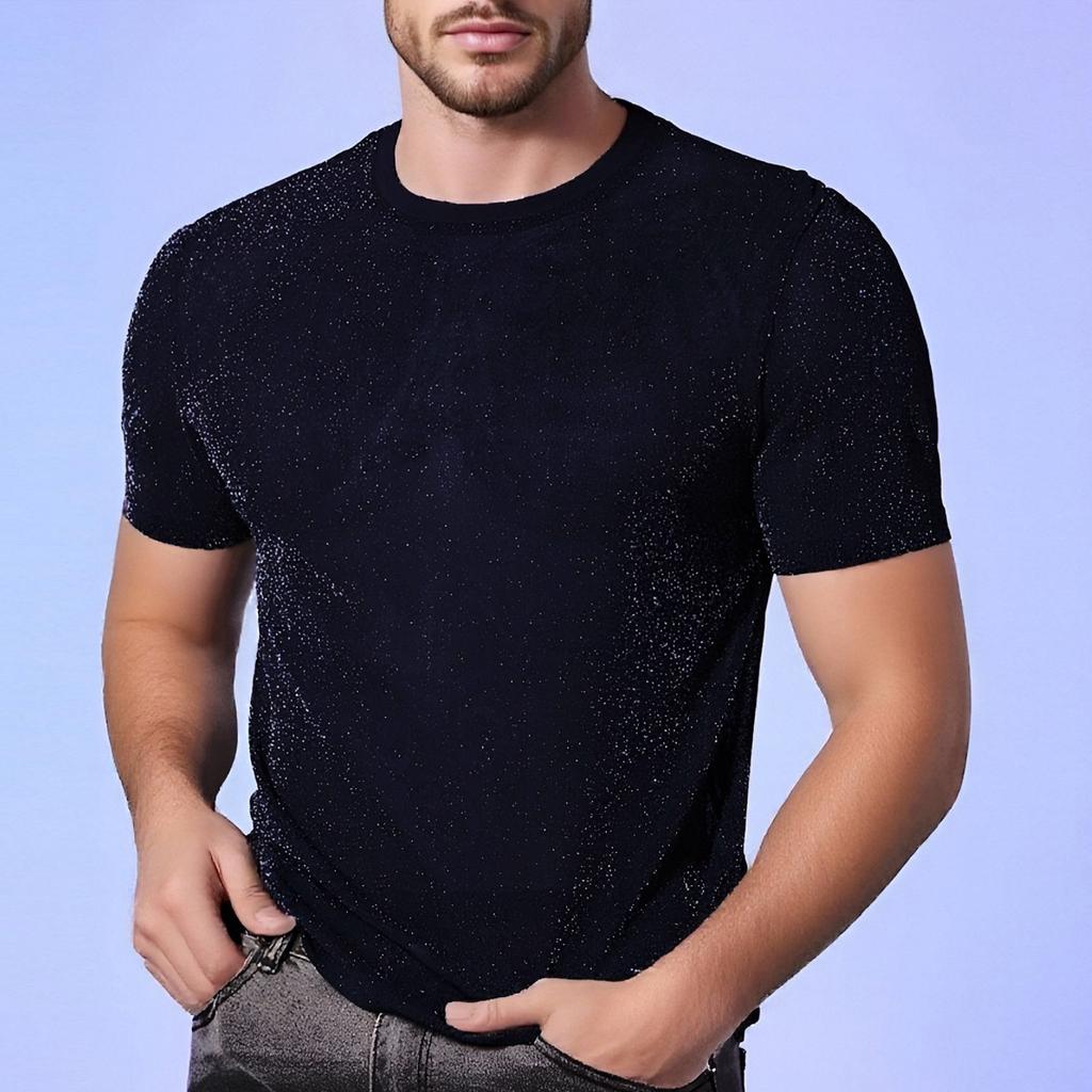 Top lucido da uomo, T-shirt a maniche corte girocollo in rete trasparente