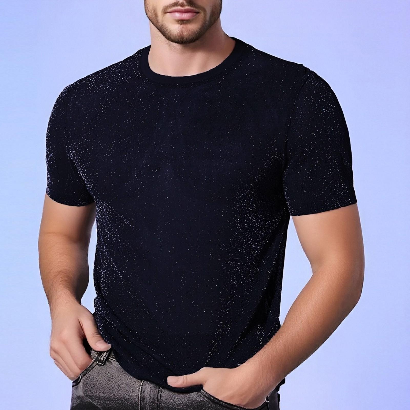 

Мужская блестящая футболка с круглым вырезом и короткими рукавами из прозрачной сетки L чёрный