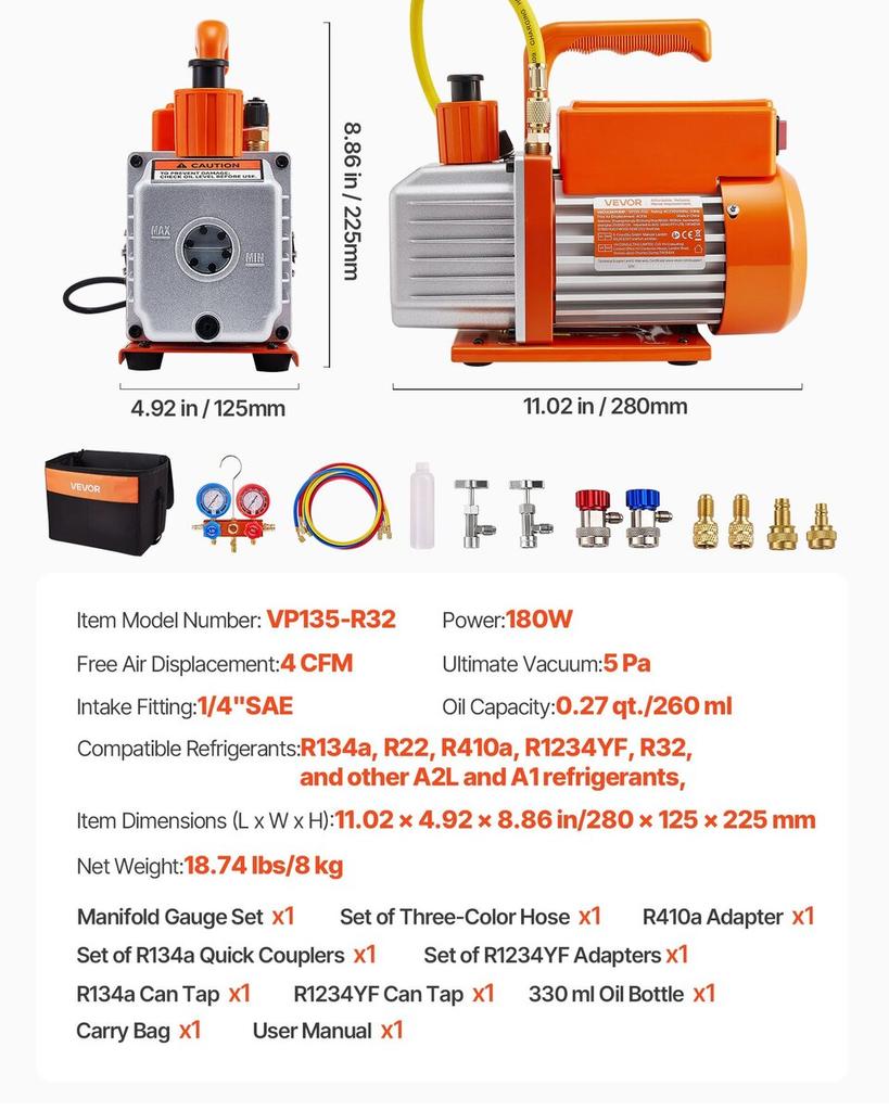 115 L/min AC Vacuum Pump and Gauge Set, Single Stage, Rotary Vane HVAC Air Vacuum Pump, A/C Refrigerant Manifold Gauge Kit, with Leak Detector, Carry
