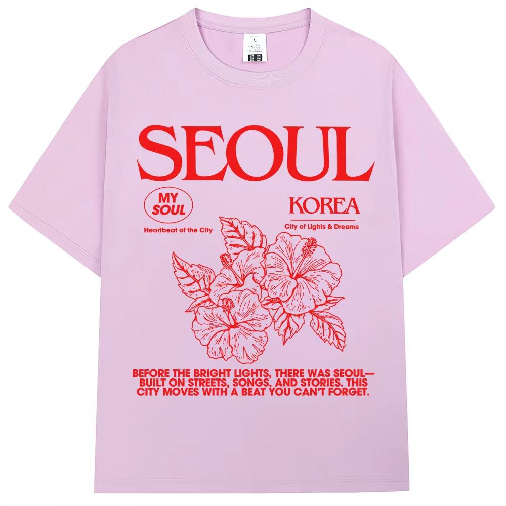 2026 Korean Style Seoul Hibiscus Print Tshirts Men Women Harajuku Fashion Aesthetic T Shirt Cotton Casual Tees Streetwear