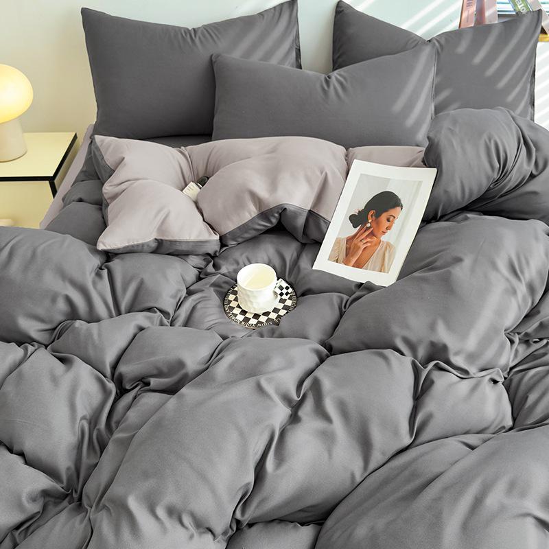 Conjunto de Roupa de Cama Simples de Algodão Lavado Duplamente Torcido - Lençol de Elástico e Capa de Cor Lisa