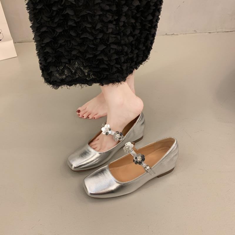 Niche square head sequined buckle Mary Jane shoes women's new silver with skirt flat shoes
