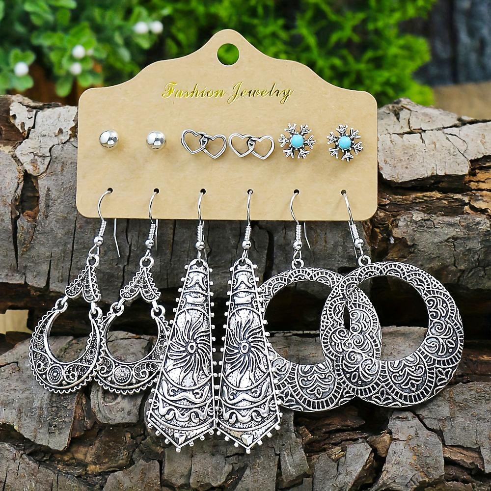 24pairs Antique Sliver Stud Earrings Set Dangle Earrings for Women Geometric Creative Ornaments Animals Party Decors Gifts