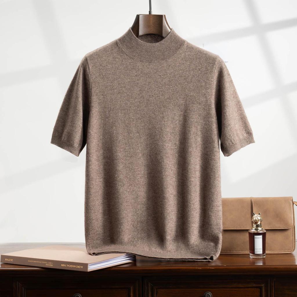 Men's Loose Fit Casmere Knit Half-High Neck Short Sleeve Pullover