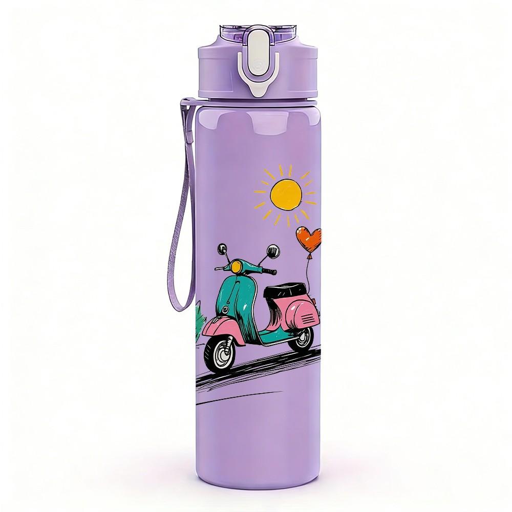 1PC Retro Scooter Rider Pattern 750ml Color Plastic Sports Water Bottle Leakproof Flip Straw Lid Suitable for Sports Office Home Use